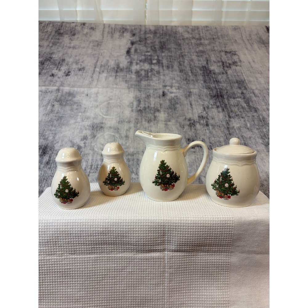 Evergreen Christmas Tree 4 Piece Service Set Creamer Sugar Salt Pepper Shakers